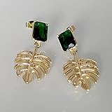 LOKILOKI Pendientes Bohemios De Circonita Cuadrada Verde para Mujer, Pendientes De Piedra De Color Dorado A La Moda para Mujer, Pendiente De Boda con Hoja De Novia Delicada