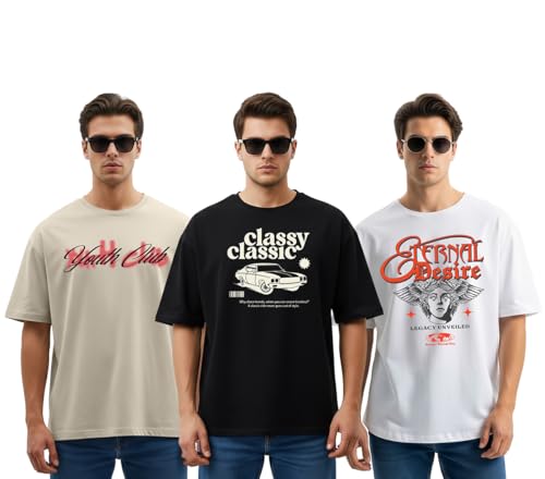 Image of Cotton Blend Oversized Baggy Fit Drop Shoulder Round Neck Graphic Printed Half Sleeve T-Shirt Combo for Men (Pack of 3)