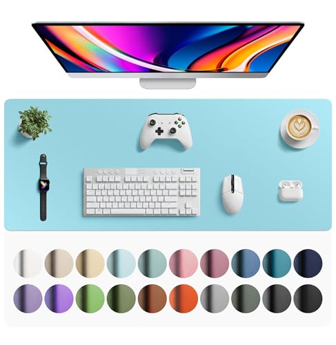 Image of Aothia Faux Leather Desk Mat - Large Mouse Pad, Non-Slip PU Leather Blotter, Waterproof Writing Surface for Office and Home (Blue Topaz, 42 inch x 17 inch)