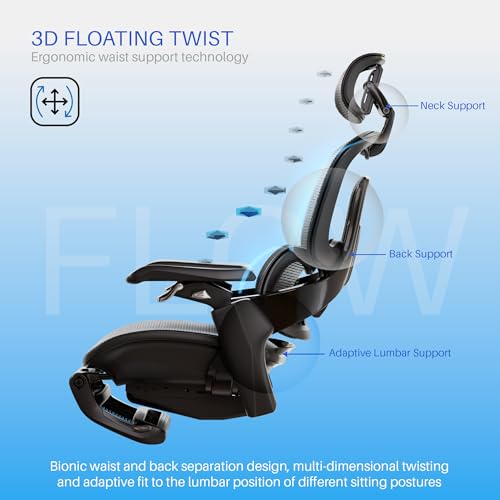 Image of DROGO Mesh Ergo Flow Luxury Ergonomic Office Chair for Work from Home with Patented Flow Technology,4D Armrest with Wired Cable Mechanism,3D Headrest & Lumbar Support,Gaming Chair with Recline(Black)