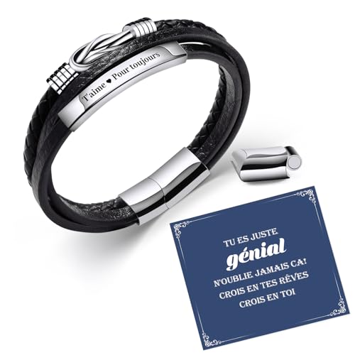 SUNSH Pulsera De Cuero Negro De Los Hombres - Cuero Trenzado Genuino - Pulsera Trenzada Grande Con Cierre Magnético 22.5cm Enviar Un Hijo Amigo Familia Amor Navidad Regalo De Cumpleaños