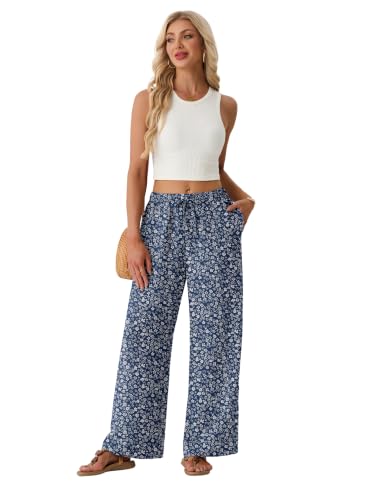 Lepunuo Womens Wide Leg Pants Blue White Flower - Flowy Summer Palazzo Pants High Waisted Trousers with Pockets — view 4