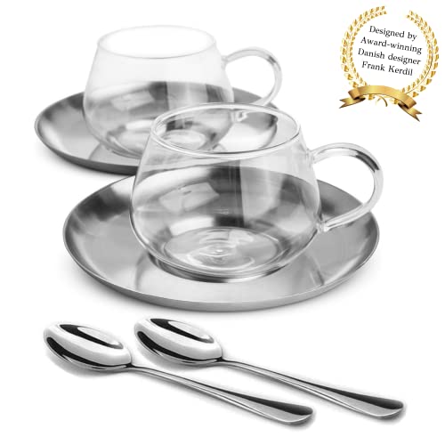 Elfin Glass Tea Cups With Saucers (Stainless-Steel) Danish Designer Set Of 2, 6.75Oz/200Ml #TOP2