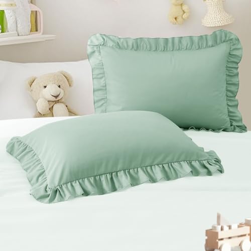 Image of 13 inchx18 inch Toddler Pillow Cases Set of 2, Sage Green Ruffled Pillow Shams Brushed Microfiber Nursery Pillow Cover for Boys Girls, Soft Breathable Machine Washable