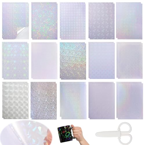 URHRHU 30 Hojas Papel Holográfico Adhesivo, Película Transparente A4 con Tijeras para Decoración Artesanal (15 Estilos)