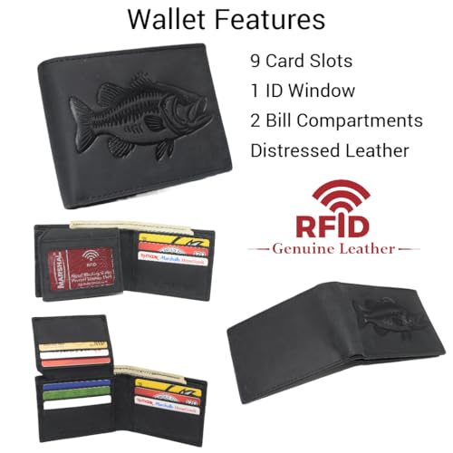 MARSHAL Fisherman’s RFID Blocking Vintage Leather Bifold Wallet with Debossed Bass Design for Outdoorsmen (Black)2