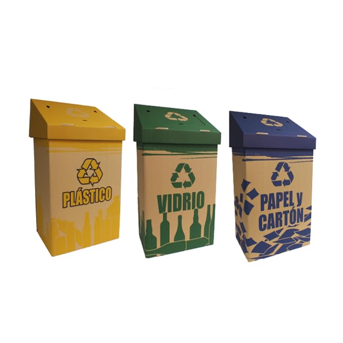 Pack de 3 Papeleras de Cartón para Reciclaje. Verde para Vidrio, Azul para Papel y Cartón, Amarilla para Plástico