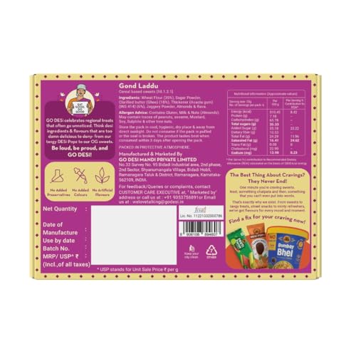 Image of GO DESi Atta Gond Laddu - 200 /150 grams | With Pure Cow Ghee | No Palm Oil or Maida | Sweets