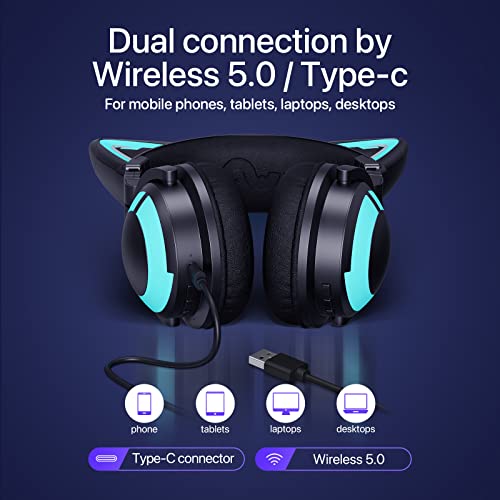 Yowu Rgb Cat Ear Headphone 3S Wireless Bluetooth 5.0 Foldable Gaming Headset With Built-In Mic & Customizable Lighting And Effect Via App, Type-C Charging Audio Cable, For Pc Laptop Mac Smartphone #TOP5