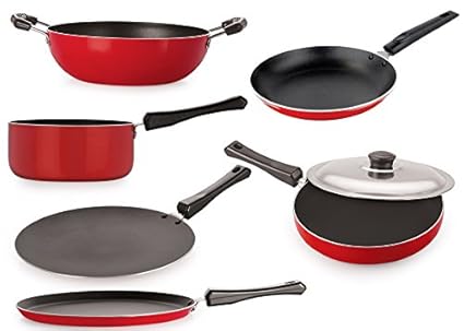 Nirlon Nonstick Cookware Set 27.5cm, 28.5cm, 2ltr, 1.5Ltr, 1.8Ltr, 20cm,6-Pieces,Black and Red