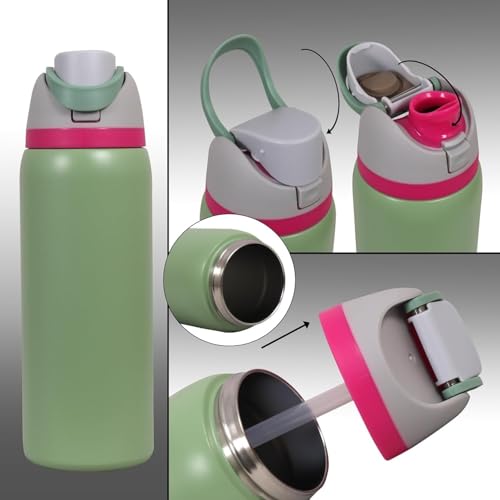 Image of FreeSip Gym Water Bottle with Straw & Chug Lid - Leak Proof Push Button Opening, BPA Free, Large Capacity Sports Bottle with Carry Handle (Moss Green, 960 ML)