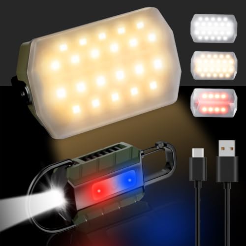 Skyfire Magnetic Camping Light with Mini Keychain Flashlight,6Colors 4000 Rechargeable Camping Lantern with Hook,10Modes Dimmable Tent Lights for Camping, Red Light, Portable Camp Light