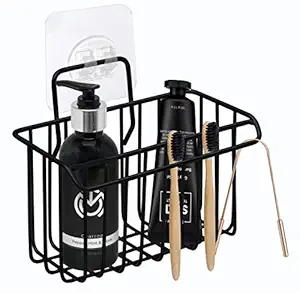 Plantex Self-Adhesive Multipurpose Bathroom Shelf with Toothbrush Holder/Storage Organizer/Bathroom Accessories-Wall Mount - (Black, Alloy Steel, Hanging Shelves)