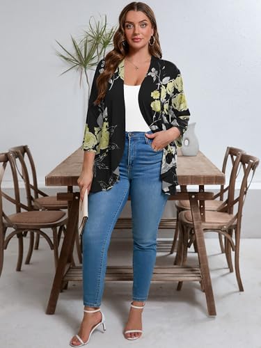 AusLook Women's Plus Size 3/4 Sleeve Lightweight Open Front Cardigan Black Golden Floral 2X Draped Ruffles Causal Cover Ups Shrugs Tops Shawls and Wraps Kimono Jacket Coat — view 4