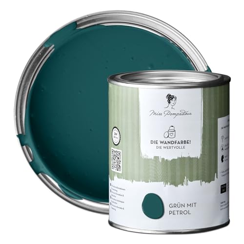 MissPompadour edelmatte Wandfarbe Grün mit Petrol 1L - sehr hohe Deckkraft - geruchsneutrale, spritzfreie Farbe - atmungsaktive, wasserbasierte Innenfarbe/Deckenfarbe - Die Wertvolle