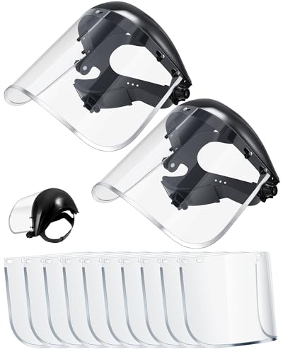 Copkim 2 Safety Face Shield for Grinding and Cutting with 10 Replacement Clear Visor Full Impact Resistant Face Shield Protection Mask for Work Construction Weed Whacking Woodworking (Aluminum Edge)