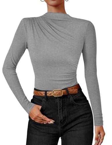 ZESICA Women's Long Sleeve Tops Mock Neck Ruched Tight Shirts 2024 Fall Trendy Outfits,Grey,Small