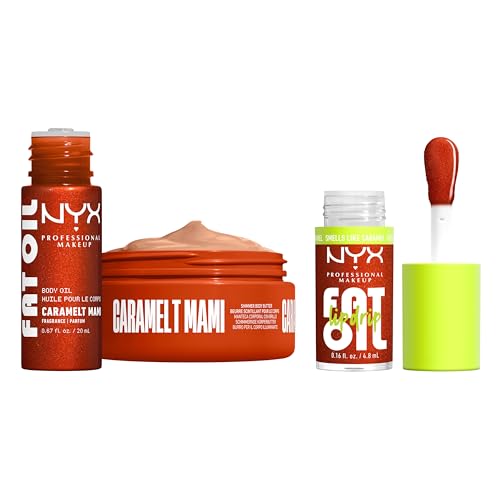 NYX Professional Makeup Fat Oil Lip & Body Kit, Travel-Friendly, Reusable-Pouch, Caramelt Mami