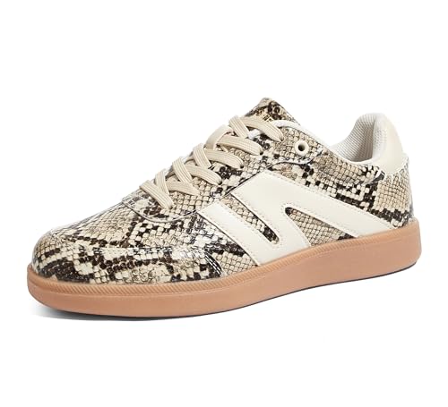 Image of LUCKY STEP Women Retro Gum Sole Fashion Sneakers | Genuine Leather Classic Tennis Skate Walking Shoes Anti Slip Trainers