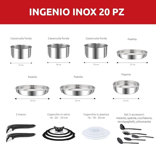 Lagostina Ingenio Inox Set di Pentole e Padelle in Acciaio Inox, 20 Pezzi, Adatto ad Induzione, Batteria di Pentole con 3 Casseruole, 3 Padelle, Tegame,6 Coperchi, 5 Utensili Cucina,2 Manici Amovibili - Immagine 1