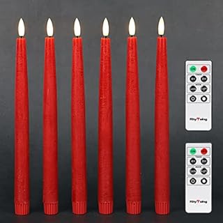 Rhytsing 29cm Flameless Taper Candles with Timer, Battery Operated Dinner Table Long Candlestick Rustic Wax, Warm White LED, 2 Remotes Included - Set of 6 (Red)