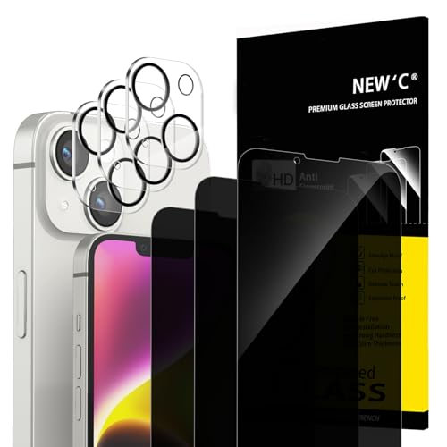 NEWC 3x Privacy for iPhone 14 Plus Screen Protector (6.7 inches)+ 3x Camera Lens Protector Sensor Protection Case Friendly Tempered Glass Film +Dust Plug - Enhanced Privacy Angle of 28 Degrees