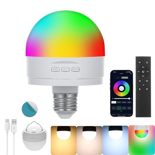 Rechargeable Light Bulbs With Remote and APP Control,Smart E27 LED Dimmable CCT+RGB Light Bulb,5W USB Charging Bulbs With Magnetic,3500mAH,Outdoor Emergency Light With Hook,Timing Function,1Pack