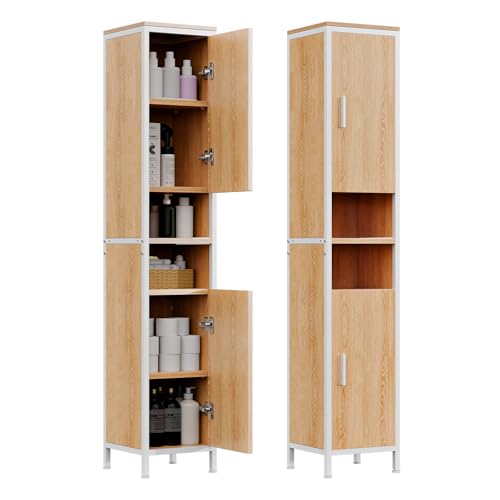 ELUCHANG Armoire de Salle de Bain, Meuble de Rangement, Colonne, avec Porte, Étagères Réglables, Compartiments,30 x 30 x 174 cm,Chêne Clair+Blanc