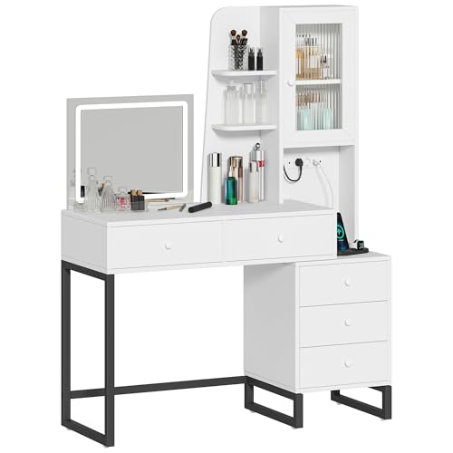 DWVO Schminktisch mit LED-Beleuchtung, Großer Stauraum, Kosmetiktisch mit Schubladen und Gehäuse, 3 Farben mit Einstellbarer Helligkeit,weiß