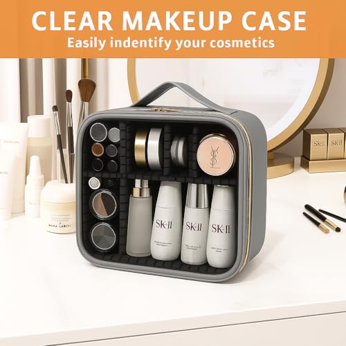 Image of Coslifestore Transparent Cosmetic Case | Travel Makeup Organizer Bag with Handle & Adjustable Compartments | Portable Waterproof Storage for Cosmetics, Skincare & Toiletries for Women (Grey)