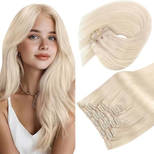 Image of Sunny Hair Clip in Hair Extensions Real Human Hair Platinum Blonde 16 Inch | Remy Human Hair Clip in Extensions, Heat Styling Friendly, Natural Looking for Daily Use and Special Occasions 105g