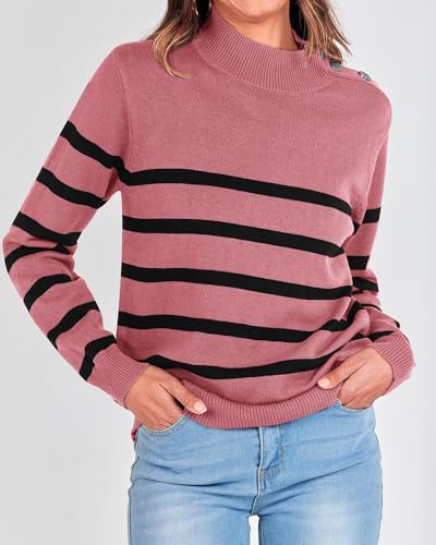 KIRUNDO Fall Sweaters for Women 2026 Striped Turtleneck Ribbed Knit Sweater Trendy Pullover Jumper Winter Fashion Clothing(Medium, Dusty Pink) — view 6