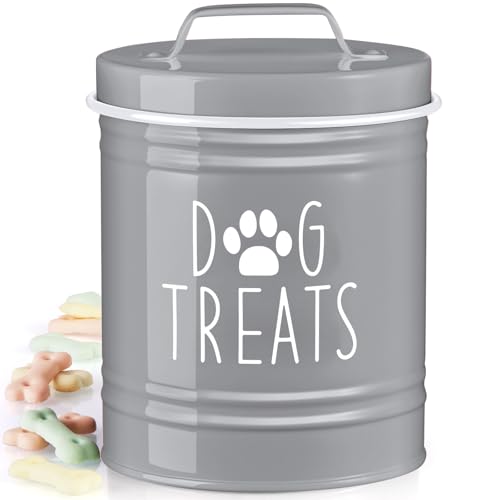 OUTNILI Small Dog Treat Container Airtight - 6" Tall X 4.9" Round Gray Dog Treat Jar for Kitchen Counter - Rustic Treat Storage Canister for Dogs, Cats, Small Animals - Gifts for Pet Owners
