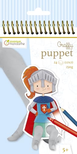 MY MANDARINE GY009O - Malblock Graffy Puppet, 24 vorgestanzte Zeichnungen Fingerpuppen (12 Designs x2), 250g Zeichenpapier, ab 5 Jahren, Drachen und Ritter, 1 Stück