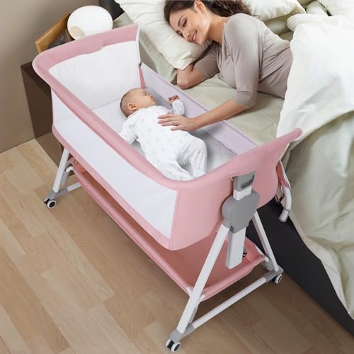 Image of Cowiewie Bassinet Bedside Sleeper, Baby Bassinet with 7 Adjustable Height, Bedside Bassinets for Baby with Breathable Mesh Sides & Mattress, XL Storage, Easy Folding Crib (Pink and White)