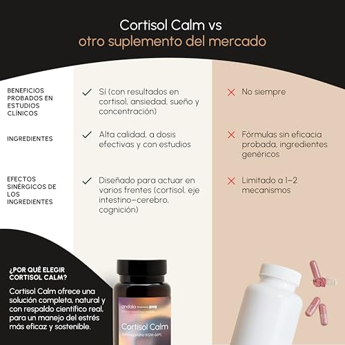 Andala Cortisol Calm Ansiedad, Estres, Niebla Mental - Ashwagandha KSM-66 15:1, Magnesio Bisglicinato, Bacopa Monnieri, Reishi, Vitamina B6 y B12 y Probioticos - Nootropico Relajante Natural 60u - imagen 6