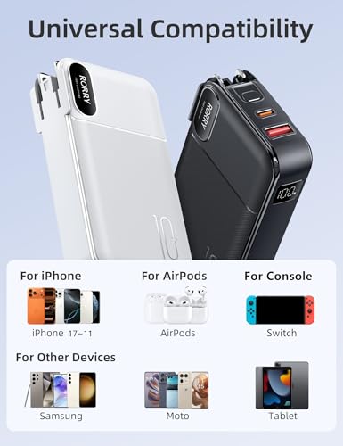 Image of RORRY Portable Charger w /Wall Plug 10000mAh Power Bank 22.5W Battery Pack | Built in Cables, Fast Charging, for iPhone, iPad, Samsung Galaxy, Pixel, LG, Travel Essential, Digital Display, Pocket Size