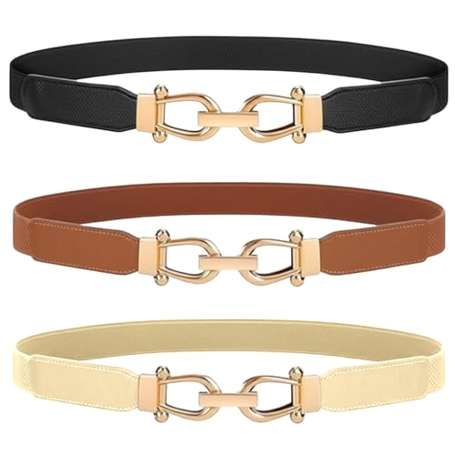 Shouken 3 Pack Women Skinny Elastic Belt for Dresses,Thin Retro Stretch Waist Belt with Golden Buckle,Black+Brown+Beige (L Belt Length 35.5in,Up to 39.5in)