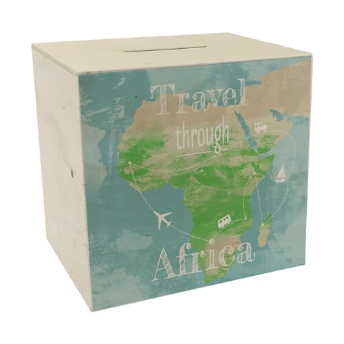 Sparbössa av trä med Afrika kort och ordspråk – travel Through Afrika som present till semesterare som vill resa genom Afrika och behöver pengar för flygningen och boendet