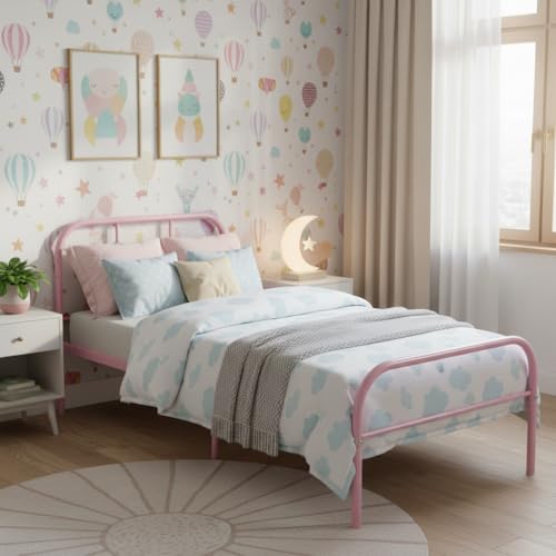 FurnitureR Cadre de Lit en Métal Rose, Structure de Literie Simple avec Sommier à Lattes, pour Chambre Adulte, Design Moderne avec Tête et Pied de Lit Décoratif, Dortoir, Studio, Hôtel, 90x190 cm
