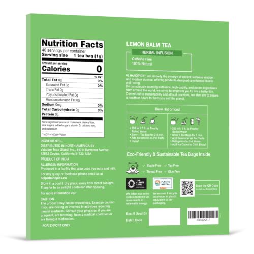 Image of HANDPICK Lemon Balm Tea (40 Tea Bags) 100% Pure & Natrually Dried Leaf Tea