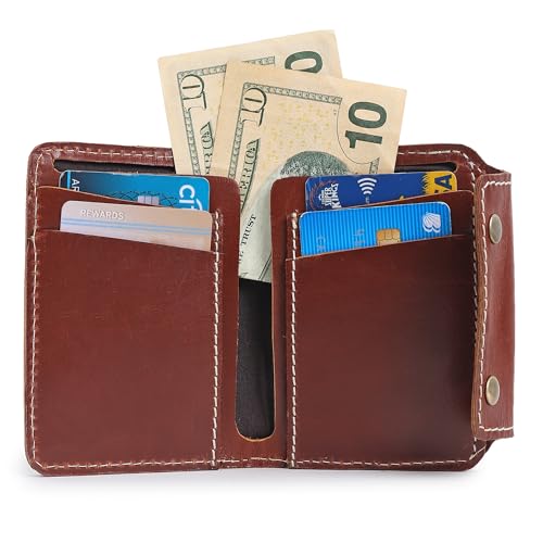 Image of Handmade Raw Leather Wallet for Men and Women | Snap Button Closure | Bifold with Card Slots and Cash Pocket | Slim Genuine Cognac Crunch Leather | Travel Office Carry | Reddish Brown
