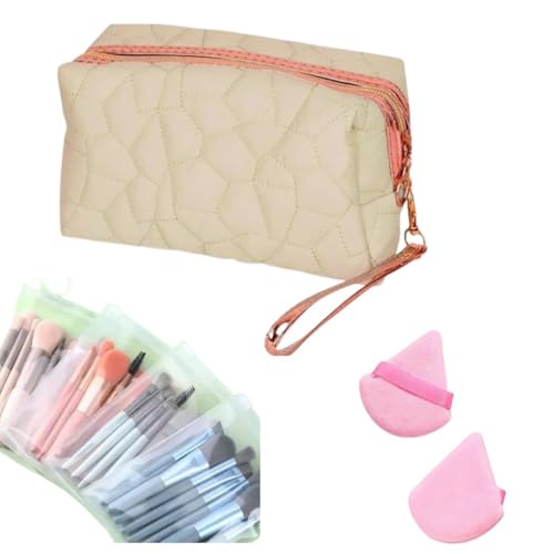Kit de Maquiagem Completo com Necessaire Feminina – Estojo de Maquiagem com Pincéis Profissionais e Esponjas – Ideal para Viagem, Organização e Presente (BEGE)