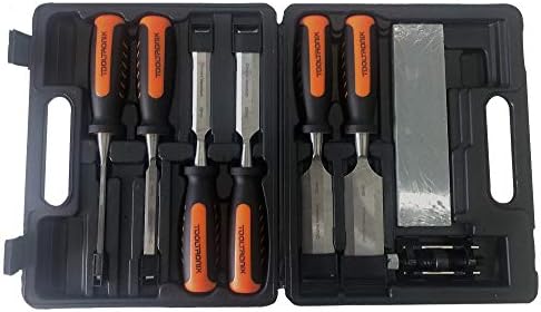 ToolTronix 8 Pc Wood Carving Chisel Set with Sharpening Stone & Honing Guide for Carpentry Woodworking Storage Box Included