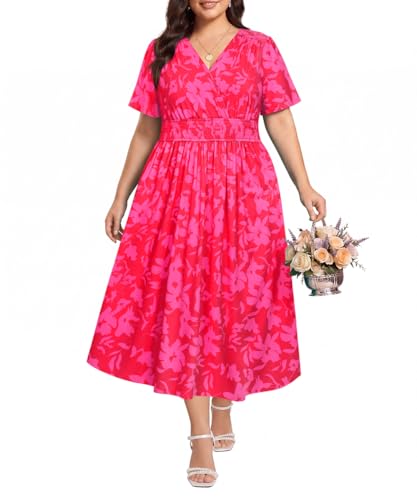 Image of CARCOS Plus Size Dresses for Curvy Women V Neck Summer Maxi Dress Short Sleeve Floral Boho Dress Smocked Waist Beach Dress