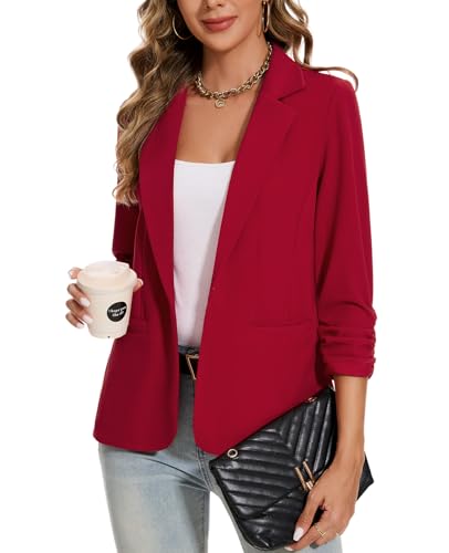 MINTLIMIT Blazer for Women One Button Notched Lapel Suit Jackets Lightweight Pocketed Ruched 3/4 Sleeve Blazer for Bussiness Casual,Red,L3