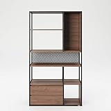 regal 50er 60er jahre STANDREGAL MIT VIEL STAURAUM: hohes Regal mit mattem Metallgestell und Holzböden, mit vielen offenen Fächern und 2 Schubladen, perfekt für Büro, Wohn-und Essbereich, Diele, Bad und Schlafzimmer