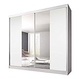 Spiegel aus Front Idzczak Meble Schwebetürenschrank Claudia 13 233 mit Spiegel Kleiderschrank mit Kleiderstange und Einlegeboden Schlafzimmer- Wohnzimmerschrank Schiebetüren Modern Design (Weiß/Weiß + Spiegel)