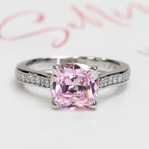 DoubleAccent Platinum Plated Sterling Silver Ring 2 CT Cushion Cut Light Pink CZ Stone Pave Band Wedding Engagement Ring (Size 5 to 9)2