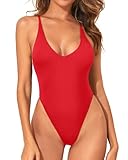 Holipick High Cut Thong One Piece Sexy Swimsuit Low Back Cheeky Bathing Suits for Women Backless Brazilian Swimwear Red